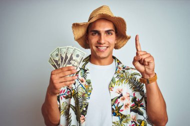 Tatilde elinde dolarlarla gezen genç bir adam beyaz bir geçmişin üzerine banknotlar tutarak bir fikir veya soru işareti ile şaşırdı.