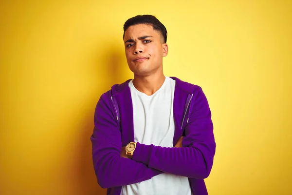 Young Brazilian Man Wearing Purple Sweatshirt Standing Isolated Yellow Background — Stock Photo, Image