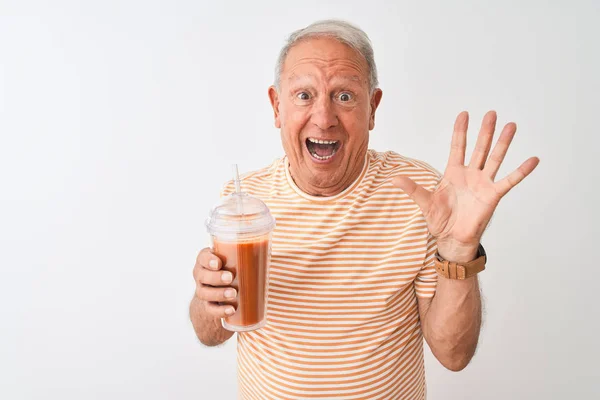 Senior Man Wearing Striped Shirt Drinking Tomato Smoothie Isolated White — Stock Photo, Image