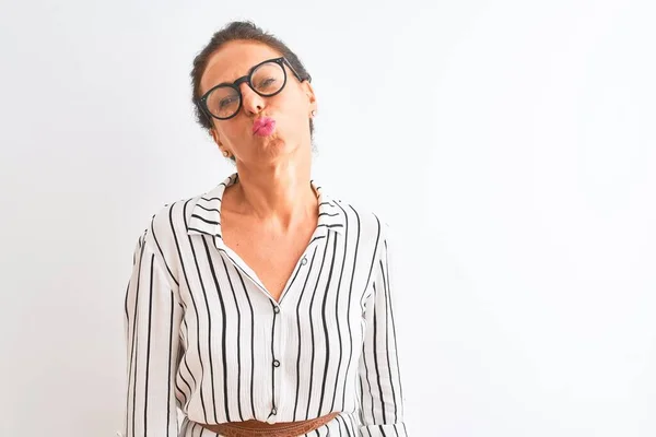 Middle Age Businesswoman Wearing Striped Dress Glasses Isolated White Background — ストック写真