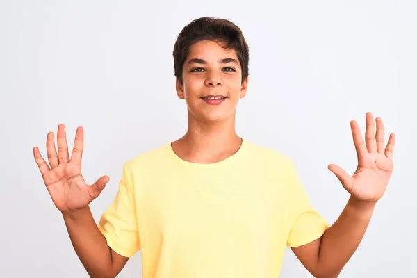 Bonito Adolescente Menino Sobre Fundo Isolado Branco Mostrando Apontando Para — Fotografia de Stock