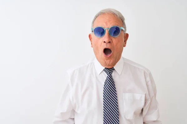 Senior Grey Haired Businessman Wearing Tie Sunglasses Isolated White Background — Stock Photo, Image