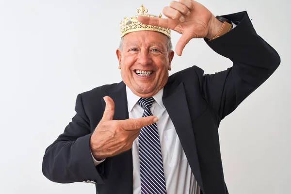 Senior Grey Haired Businessman Wearing Crown King Isolated White Background — Stock Photo, Image