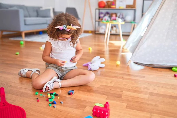 Beautiful Toddler Wearing Glasses Unicorn Diadem Sitting Floor Playing Building — Stock Photo, Image