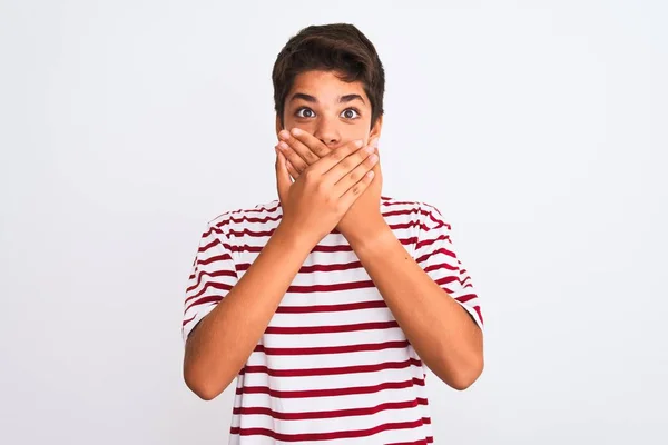 Handsome Teenager Boy Standing White Isolated Background Shocked Covering Mouth — Stock Photo, Image