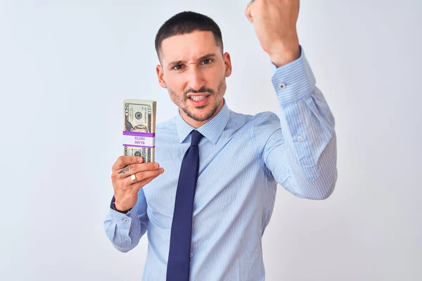 Νεαρός Όμορφος Επιχειρηματίας Που Κρατάει Χαρτονομίσματα Πάνω Από Απομονωμένο Υπόβαθρο — Φωτογραφία Αρχείου