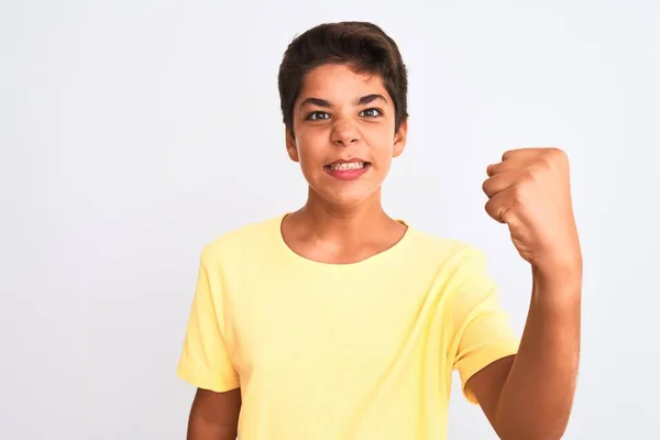 Menino Adolescente Bonito Sobre Fundo Isolado Branco Irritado Louco Levantando — Fotografia de Stock