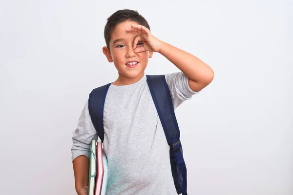 Bello Studente Bambino Ragazzo Indossare Zaino Tenendo Libri Isolato Bianco — Foto Stock