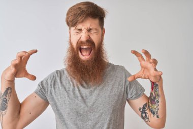 İzole edilmiş gri arka planda dikilen kızıl saçlı genç adam başarıyı kutluyor. Kolları havada ve gözleri kapalı heyecanla bağırıyor. Kazanan konsept