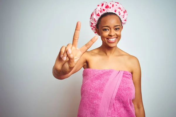 African American Woman Wearing Pink Shower Towel Bath Isolated Background — Stock Photo, Image