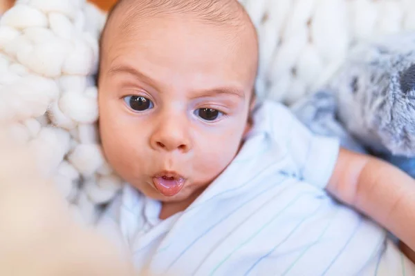 Adorable Baby Lying Blanket Floor Home Newborn Relaxing Resting Comfortable — Stock Photo, Image