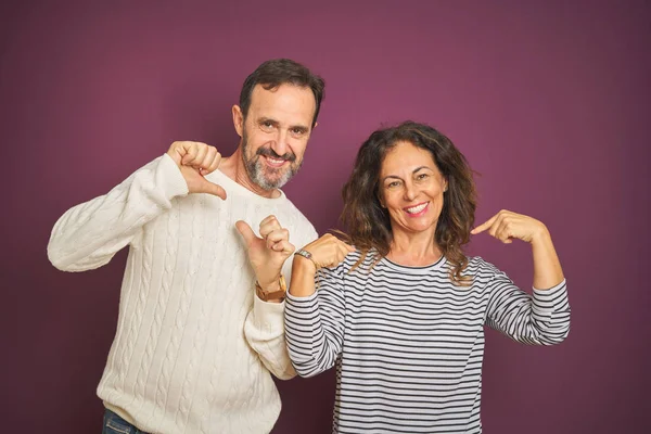 Beautiful Middle Age Couple Wearing Winter Sweater Isolated Purple Background — Stock Photo, Image