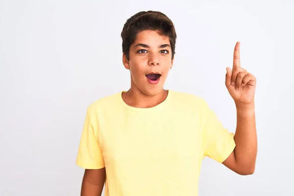 Menino Adolescente Bonito Sobre Fundo Isolado Branco Apontando Dedo Para — Fotografia de Stock