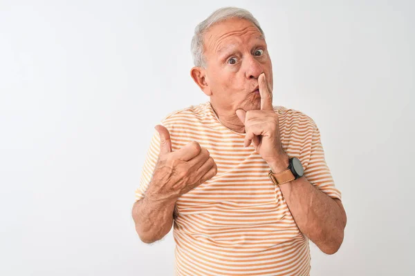 Senior Gråhårig Man Bär Randig Shirt Stående Över Isolerad Vit — Stockfoto