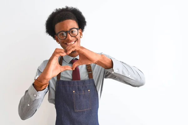 Jovem Lojista Afro Americano Homem Vestindo Óculos Avental Sobre Fundo — Fotografia de Stock