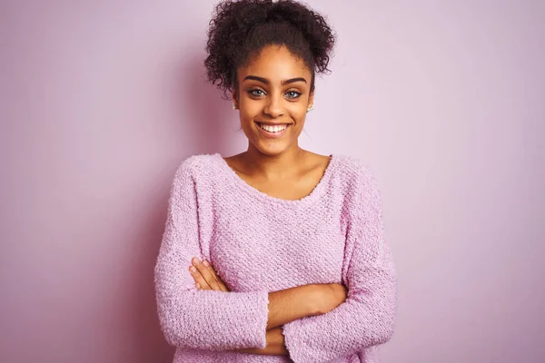 Young African American Woman Wearing Winter Sweater Standing Isolated Pink — Stock Photo, Image