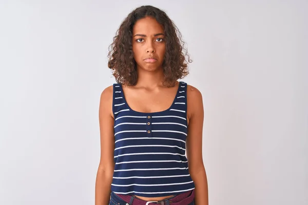 Young Brazilian Woman Wearing Striped Shirt Standing Isolated White Background — Stock Photo, Image