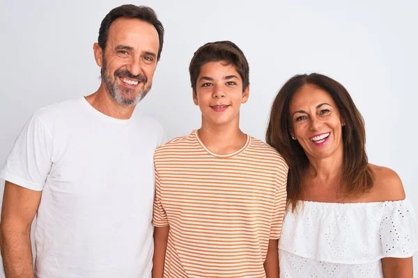 Family Three Mother Father Son Standing White Isolated Background Happy — Stock Photo, Image