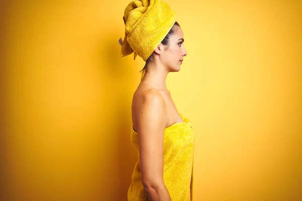 Beautiful Woman Wearing Shower Towel Body Head Yellow Isolated Background — Stock Photo, Image