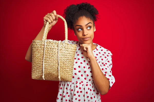 Mulher Afro Americana Vestindo Vestido Moda Segurando Saco Vime Sobre — Fotografia de Stock