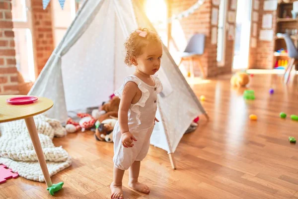 Beautiful Caucasian Infant Playing Toys Colorful Playroom Happy Playful Indian — Stock Photo, Image