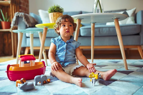 Beautiful Toddler Child Girl Playing Toys Carpet — Stock Photo, Image