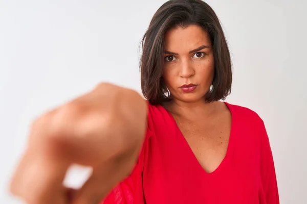 Young Beautiful Woman Wearing Red Shirt Standing Isolated White Background — Stock Photo, Image