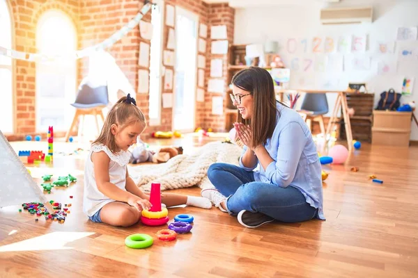 Caucasian Girl Kid Playing Learning Playschool Female Teacher Mother Daughter — Stock Photo, Image