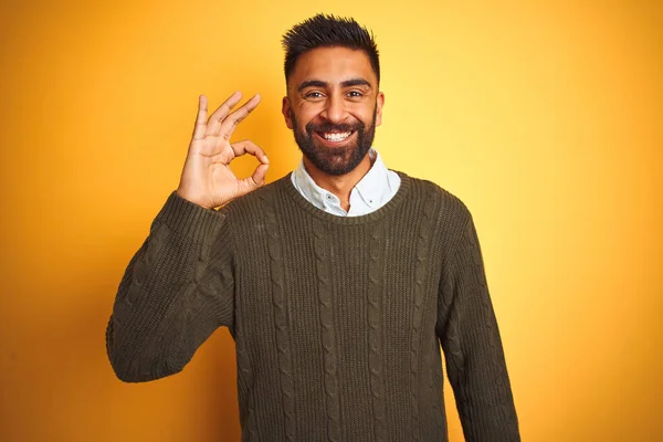 Giovane Indiano Indossa Maglione Verde Camicia Piedi Sopra Isolato Sfondo — Foto Stock