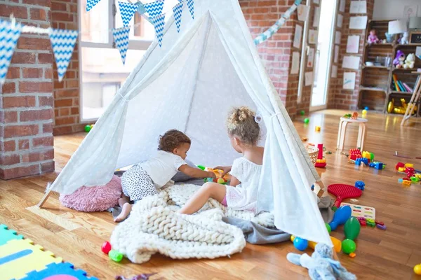 Beautiful Toddlers Playing Tipi Blanket Lots Toys Kindergarten — Stock Photo, Image
