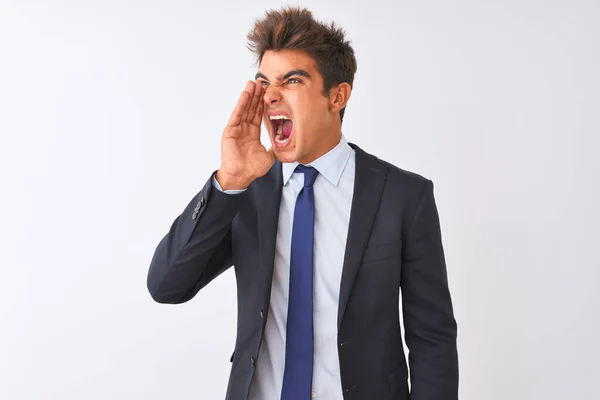 Young Handsome Businessman Wearing Suit Standing Isolated White Background Shouting — Stock Photo, Image