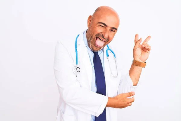 Middle Age Doctor Man Wearing Stethoscope Tie Standing Isolated White — Stock Photo, Image