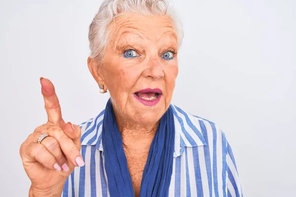 Senior Grey Haired Woman Wearing Blue Striped Shirt Standing Isolated Stock Image