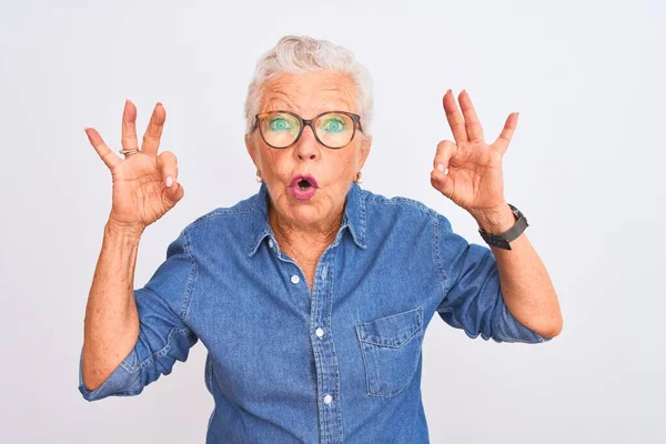 Donna Anziana Dai Capelli Grigi Indossa Camicia Jeans Occhiali Sfondo — Foto Stock