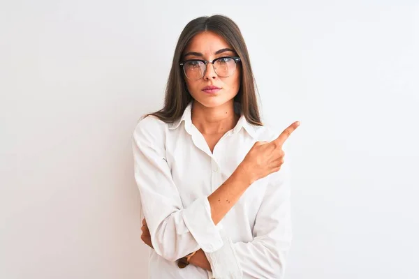 Young Beautiful Businesswoman Wearing Glasses Standing Isolated White Background Pointing — Stock Photo, Image