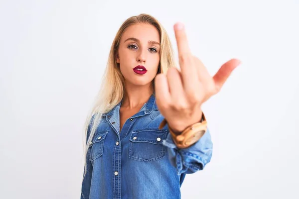 Young Beautiful Woman Wearing Casual Denim Shirt Standing Isolated White — Stockfoto