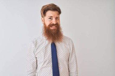 Genç kızıl saçlı İrlandalı işadamı izole edilmiş beyaz arka planda durmuş kameraya seksi bir ifadeyle bakıyor, neşeli ve mutlu bir yüzle..