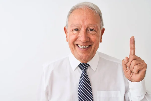 Senior Grauhaarige Geschäftsmann Mit Krawatte Steht Über Isolierten Weißen Hintergrund — Stockfoto