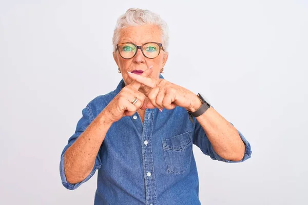 Senior Grey Haired Woman Wearing Denim Shirt Glasses Isolated White — Stock Photo, Image
