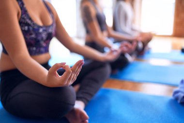 Genç ve güzel bir grup sporcu kadın yoga yapıyor. Yerde oturup nilüfer çiçeği pozu vermek.