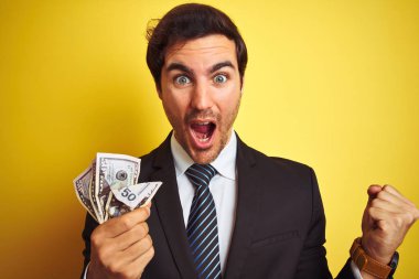 Takım elbiseli genç yakışıklı işadamı, sarı arka planda dolarları tutuyor gururla bağırıyor, zaferi ve başarıyı kutluyor çok heyecanlı, coşkulu bir duygu.