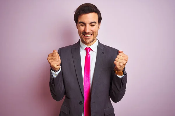 Young Handsome Businessman Wearing Suit Tie Standing Isolated Pink Background — Stock Photo, Image