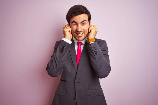 Young Handsome Businessman Wearing Suit Tie Standing Isolated Pink Background — Stock Photo, Image