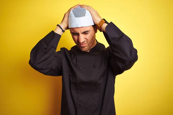 Young Handsome Chef Man Cooking Wearing Uniform Hat Isolated Yellow — Stock Photo, Image