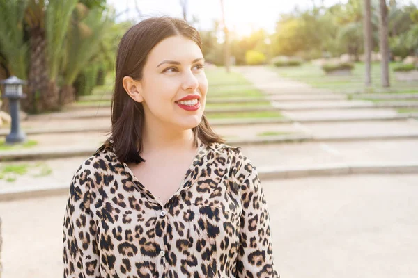 Young Beautiful Woman Red Lips Smiling Happy Garden — Stock Photo, Image