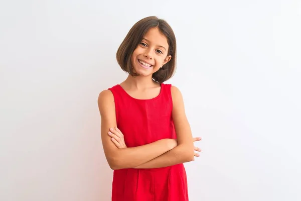 Joven Niña Hermosa Vistiendo Vestido Casual Rojo Pie Sobre Fondo —  Fotos de Stock