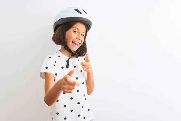 Mooi Kind Meisje Dragen Veiligheid Fiets Helm Staan Geïsoleerde Witte — Stockfoto