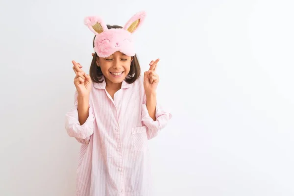 Beautiful Child Girl Wearing Sleep Mask Pajama Standing Isolated White — Stock Photo, Image