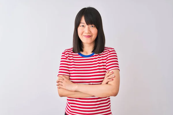 Jonge Mooie Chinese Vrouw Draagt Rood Gestreept Shirt Geïsoleerde Witte — Stockfoto