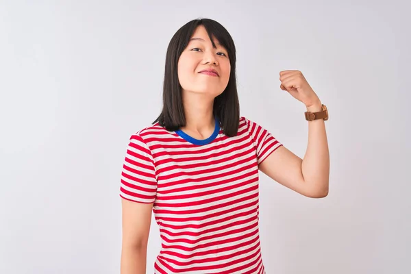 Young Beautiful Chinese Woman Wearing Red Striped Shirt Isolated White — Stock Photo, Image